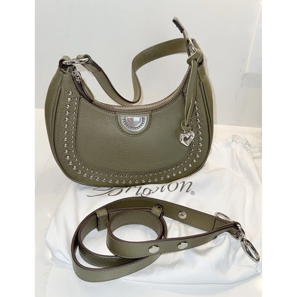 Brighton H4391V Olive Green Studded Leather Shoulder Bag Purse Hobo Dust Bag Inc